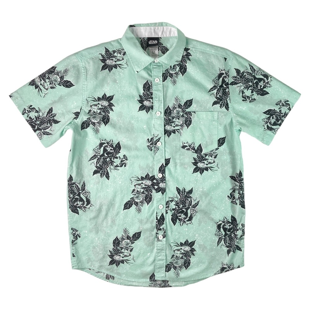 Star Wars‎ Men's Medium Shirt Darth Vader Hawaiian Floral Button Up Green Cotton